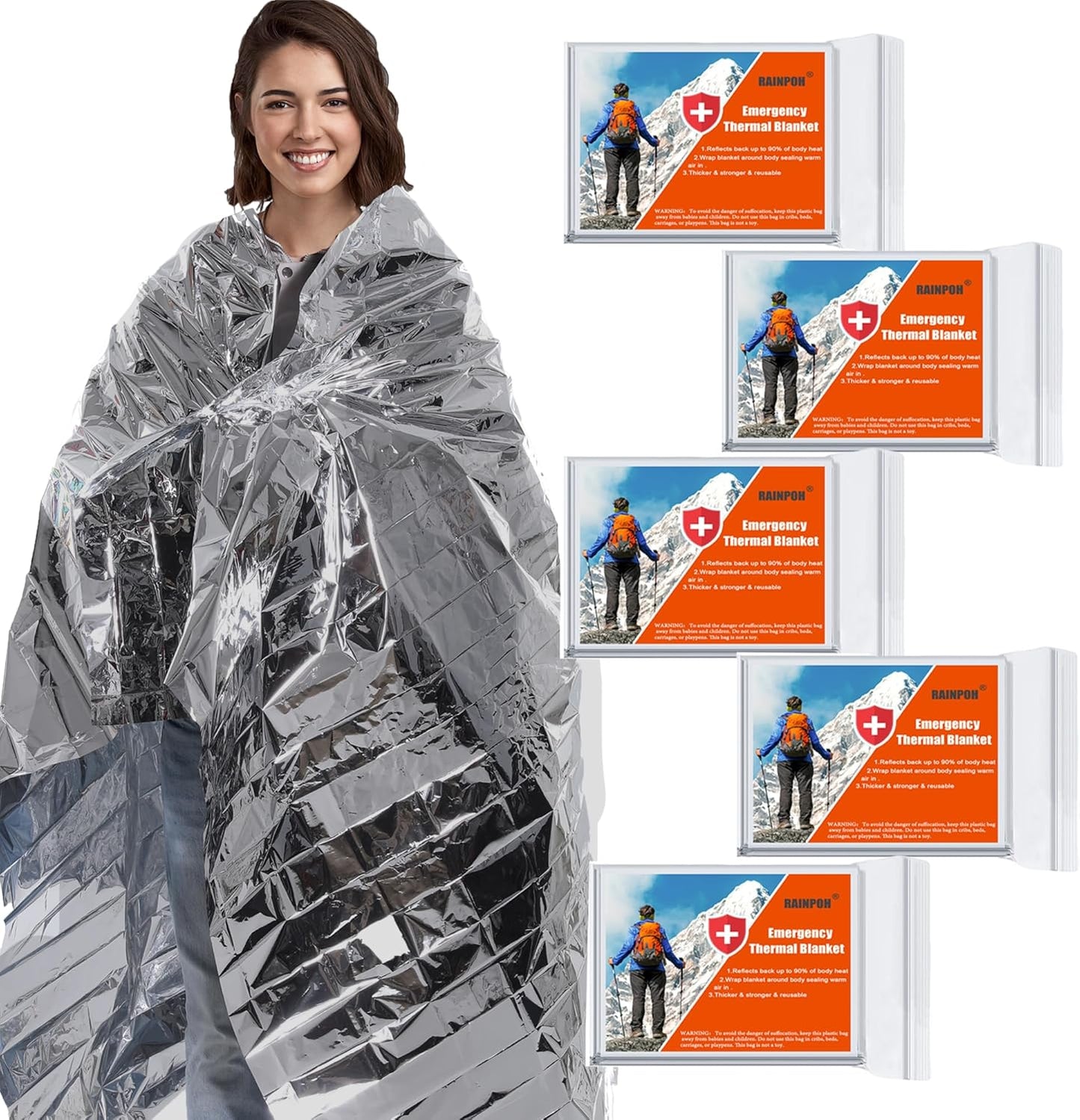 5 Pack Gigantic Emergency Thermal Blankets by RAINPOH - Heavy Duty Survival Gear