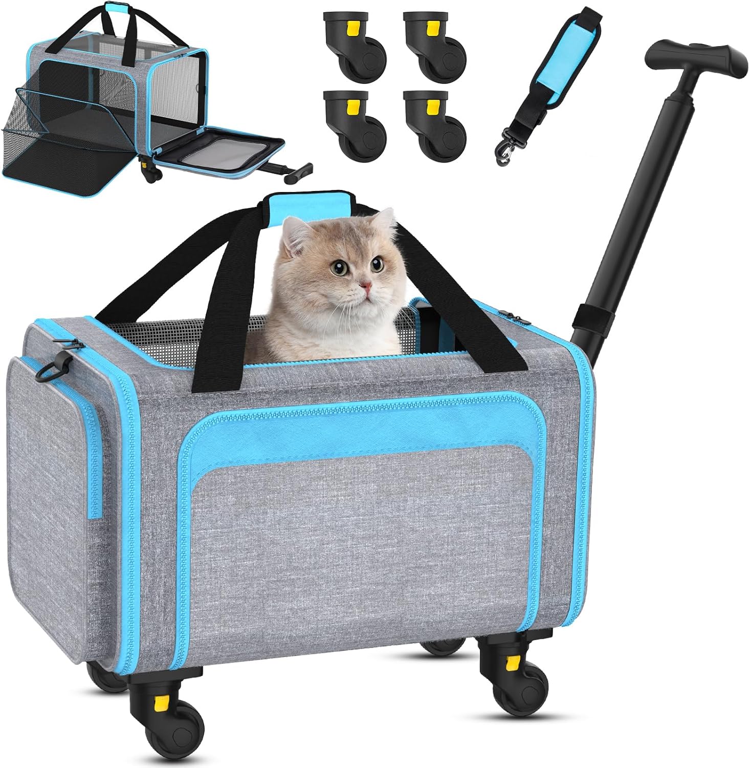 3-in-1 Pet Carrier with Wheels for Small Cats Up to 15Lbs
