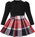 Girls Puff Sleeve Top and Red Plaid Pleated Skirt Set - Fall Outfit