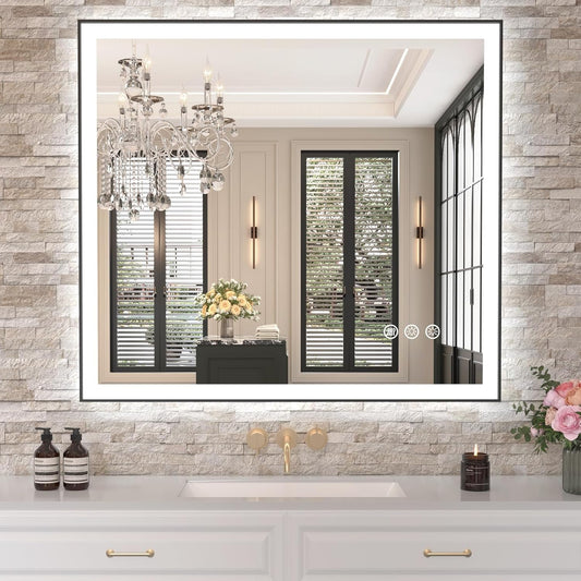 40in X36in LED Bathroom Mirror with Black Frame and Anti-Fog