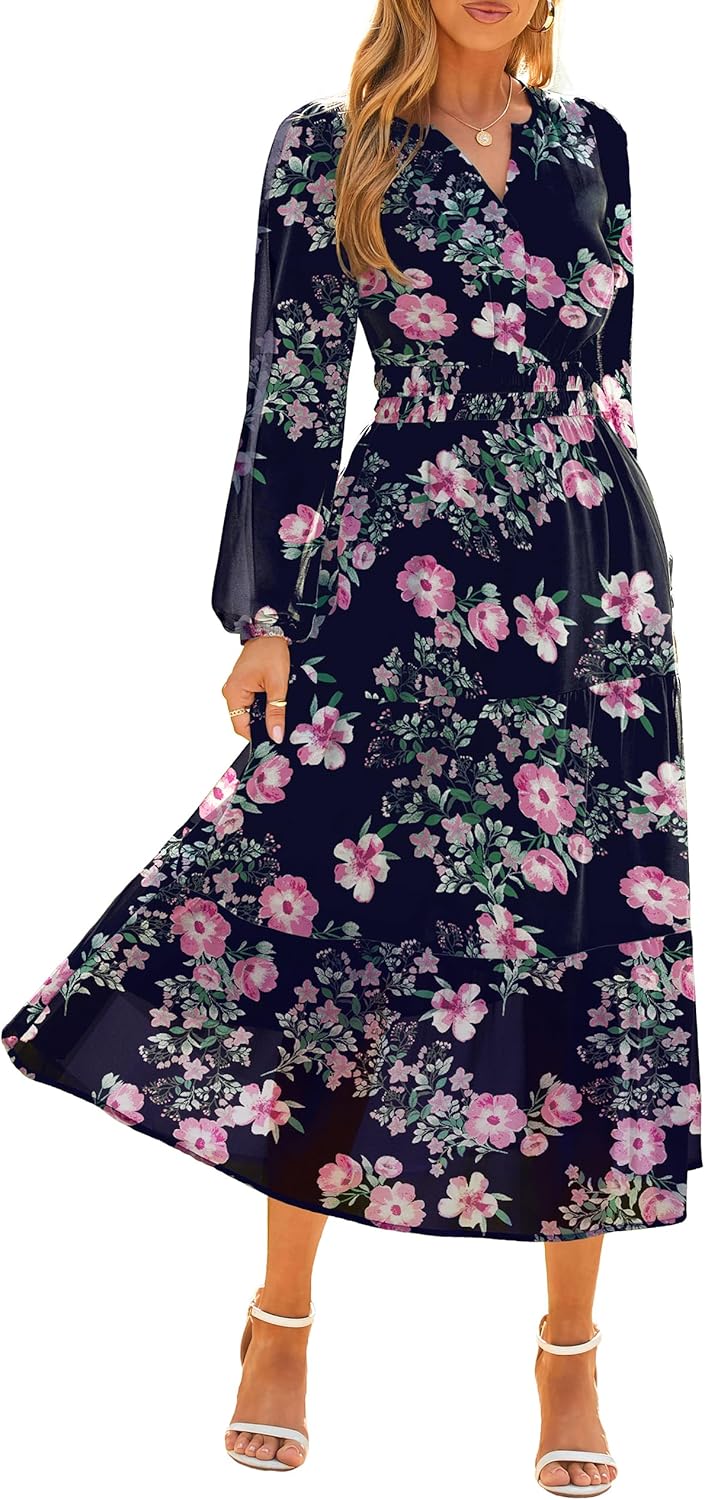 Simplee Women's Floral Boho Long Sleeve Maxi Dress for Weddings