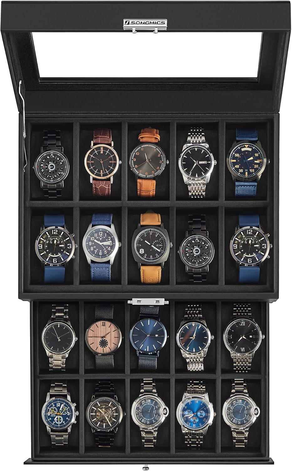 20-Slot Watch Box Organizer with Glass Lid and Metal Lock