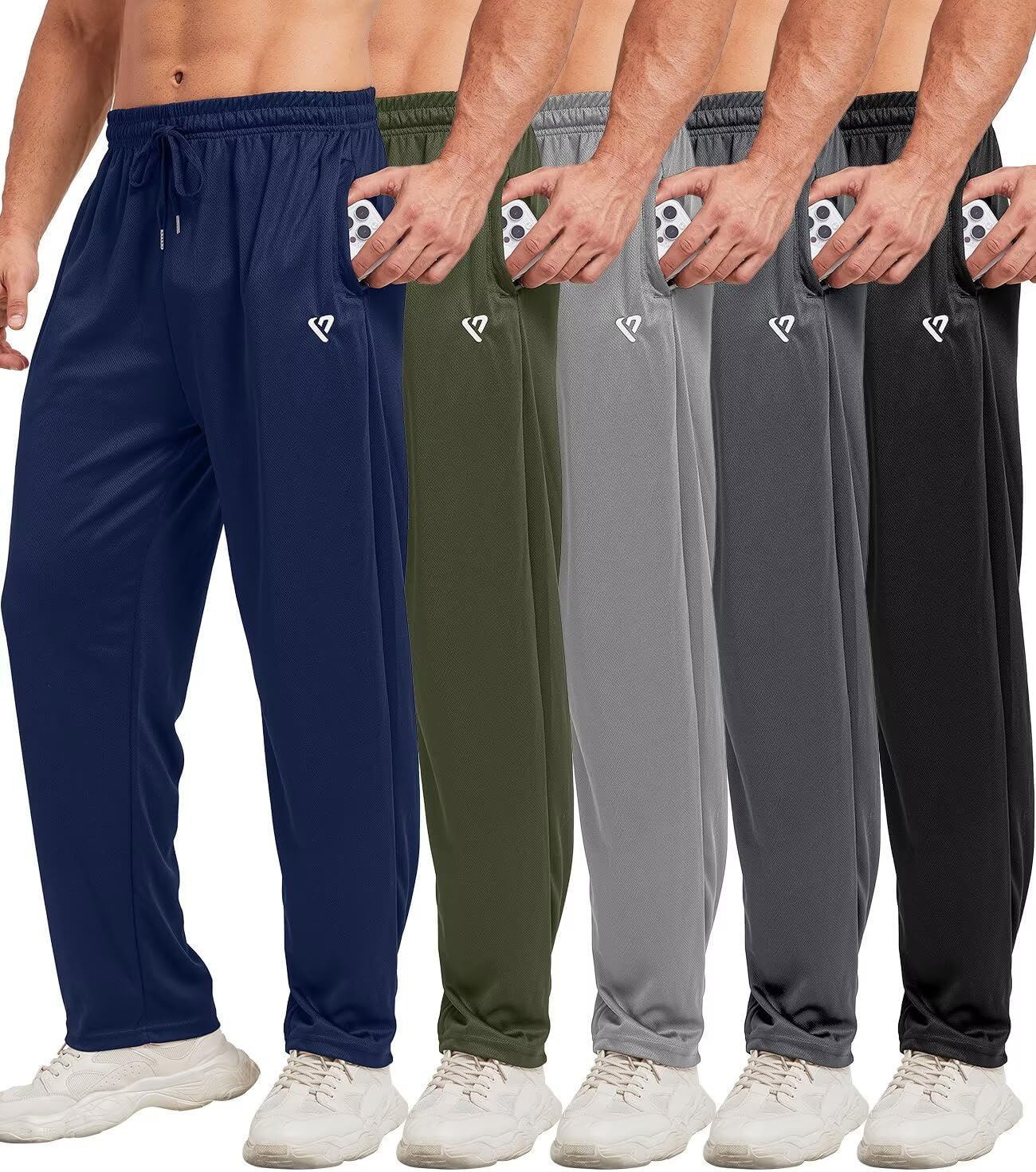 5 Pack Mens Sweatpants Open Bottom Joggers with Zip Pockets