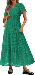 PRETTYGARDEN Womens Summer Maxi Dress V Neck - Flowy Eyelet A Line
