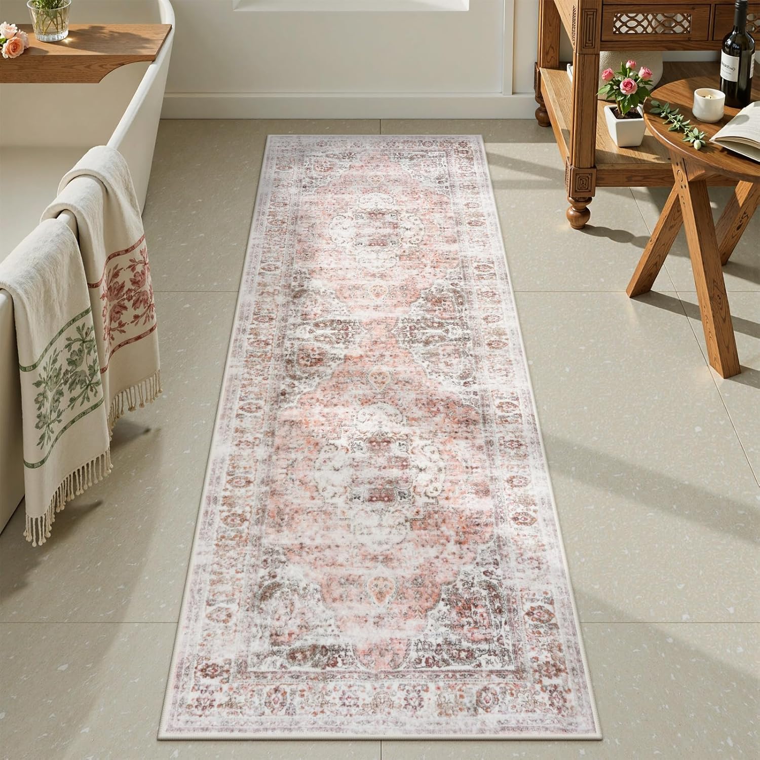 Uphome Distressed Farmhouse Boho Blush Pink Bath Mat Runner