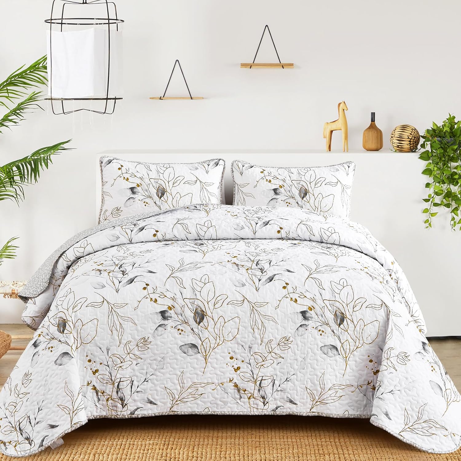 Anibedding Grey Quilt Set Full with Elegant Botanical Design