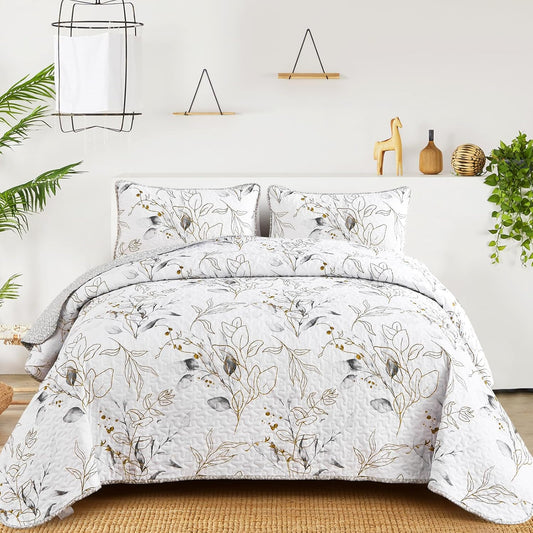 Anibedding Grey Quilt Set Full with Elegant Botanical Design
