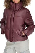Women's Vegan Leather Quilted Short Puffer Jacket - Cropped Style