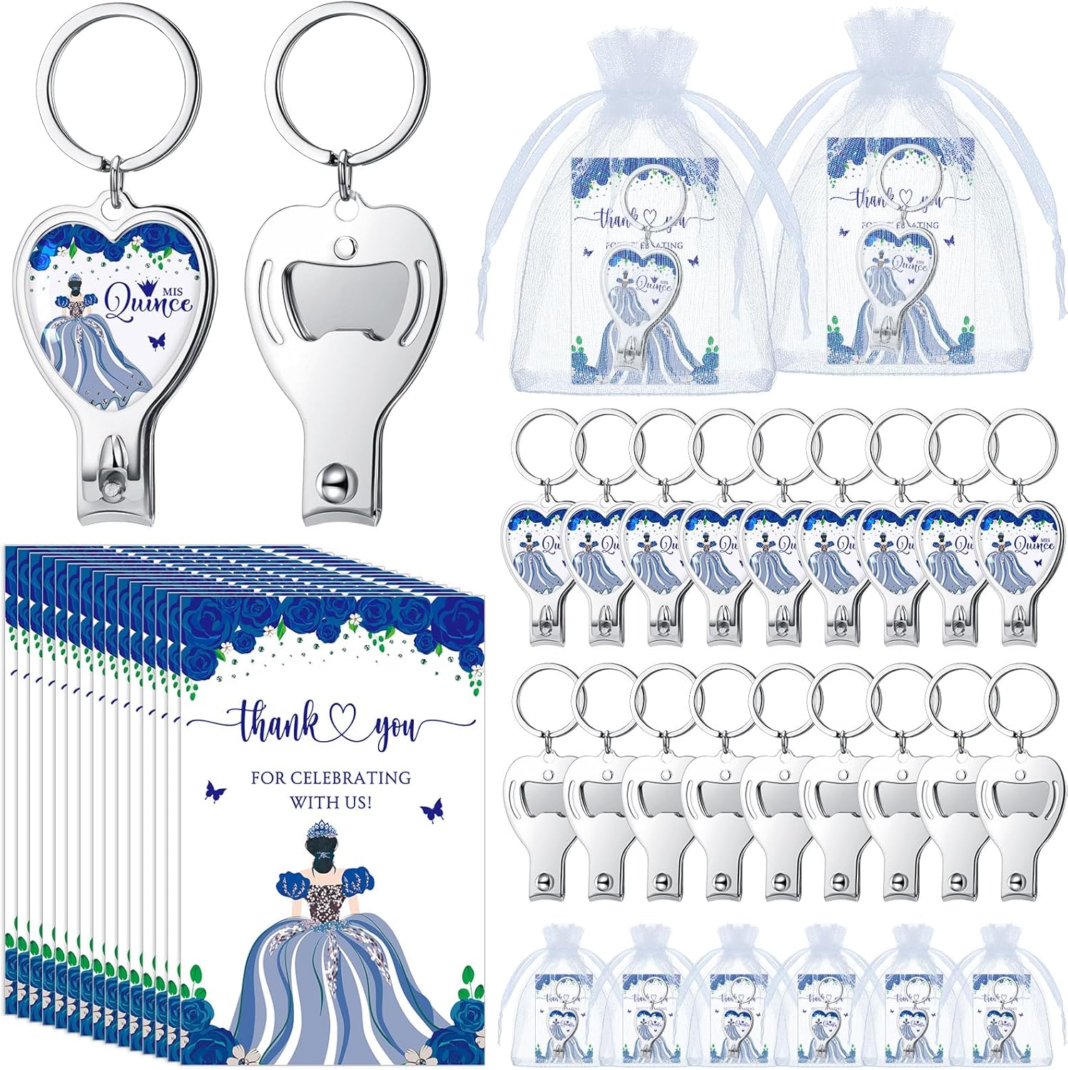 Blue Quinceanera Party Favors Set with Keychain and Cards