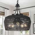 Black Rattan Chandelier 5-Light Farmhouse Pendant - Large Boho Fixture