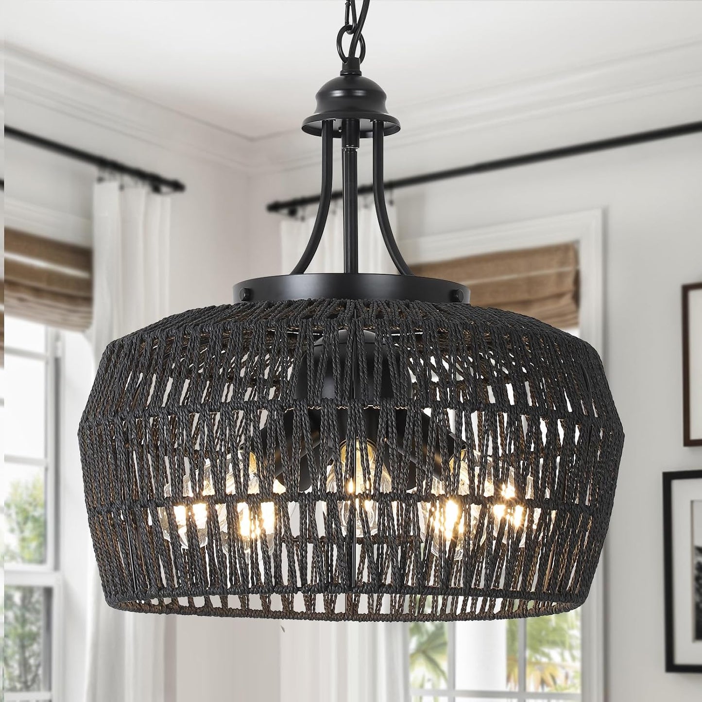 5-Light Black Rattan Chandeliers for Dining Room and More