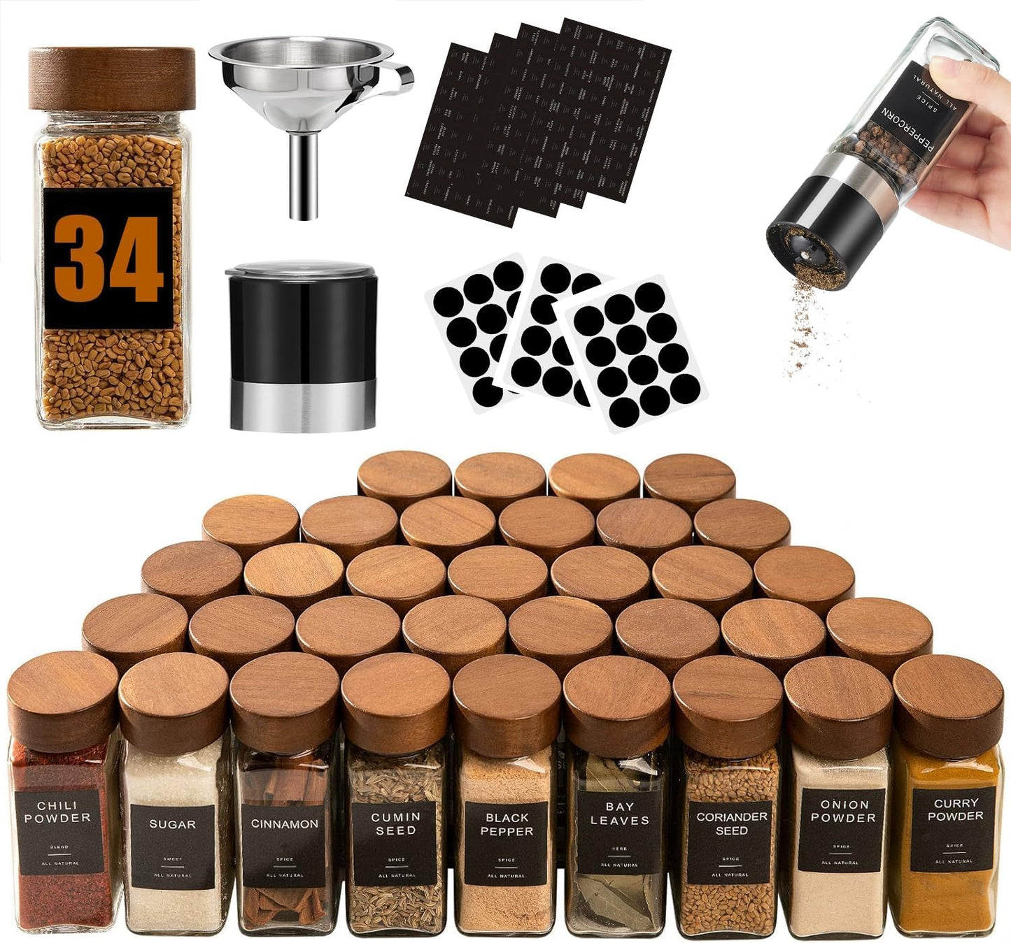 34Pcs Glass Spice Jars Set with Acacia Wood Lids for Kitchen