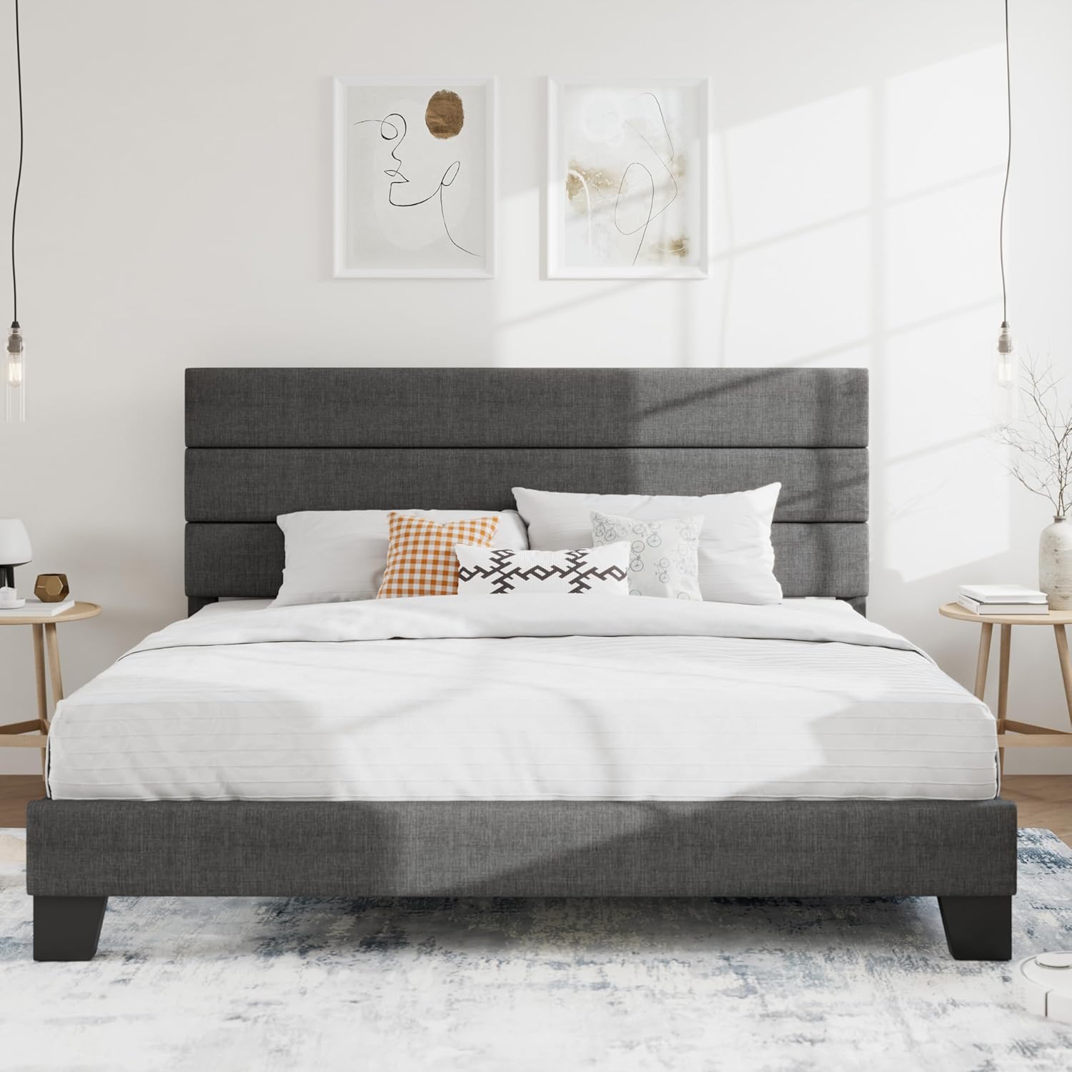 SHA CERLIN King Platform Bed Frame with Upholstered Headboard