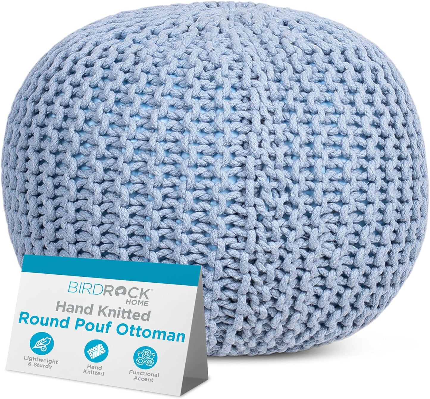 BIRDROCK HOME Round Pouf Ottoman - Soft Blue Boho Foot Stool