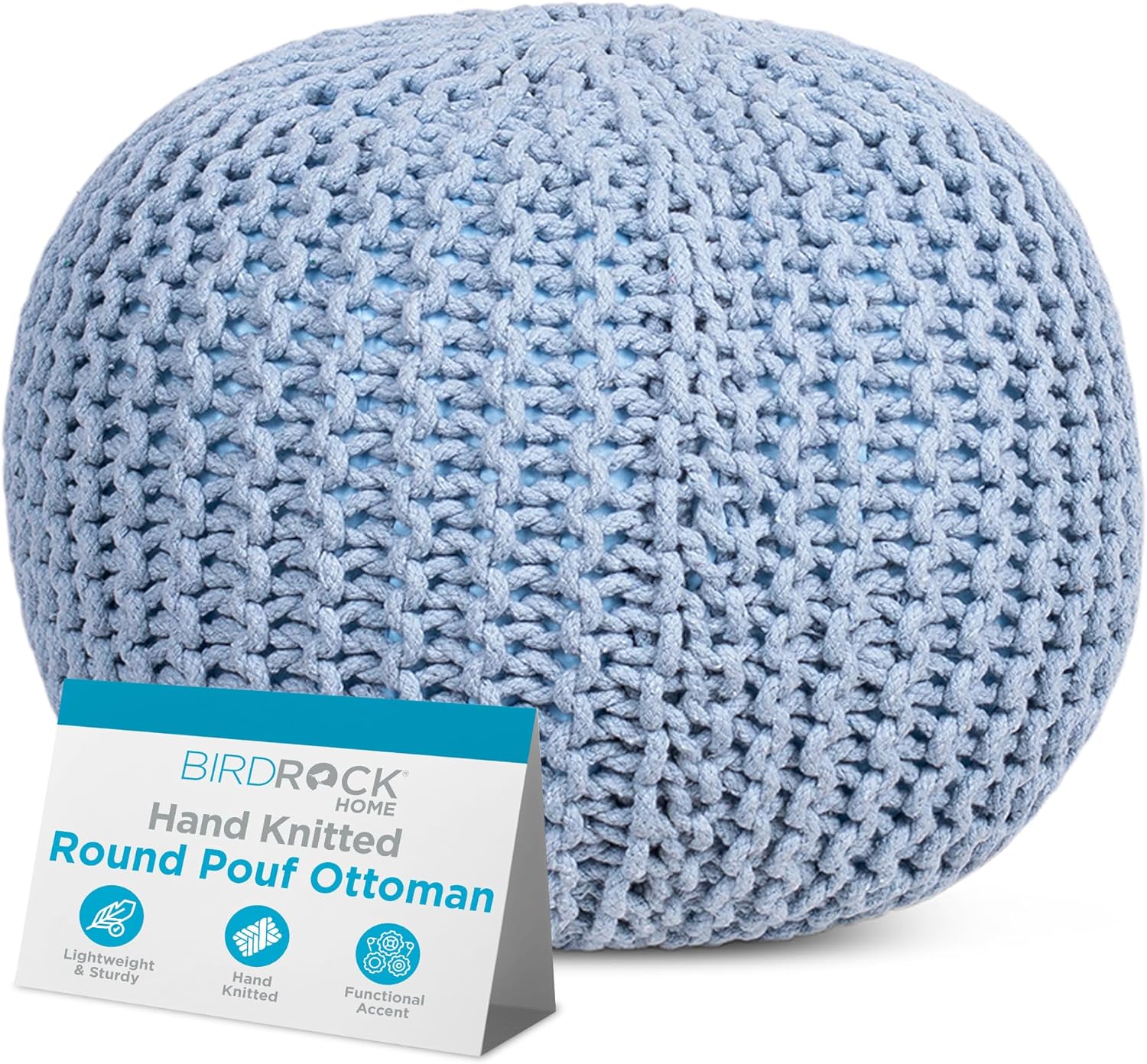 BIRDROCK HOME Round Pouf Ottoman - Soft Blue Boho Foot Stool