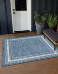 Outdoor Border Area Rug 10ft Square Blue/Ivory - Durable Patio