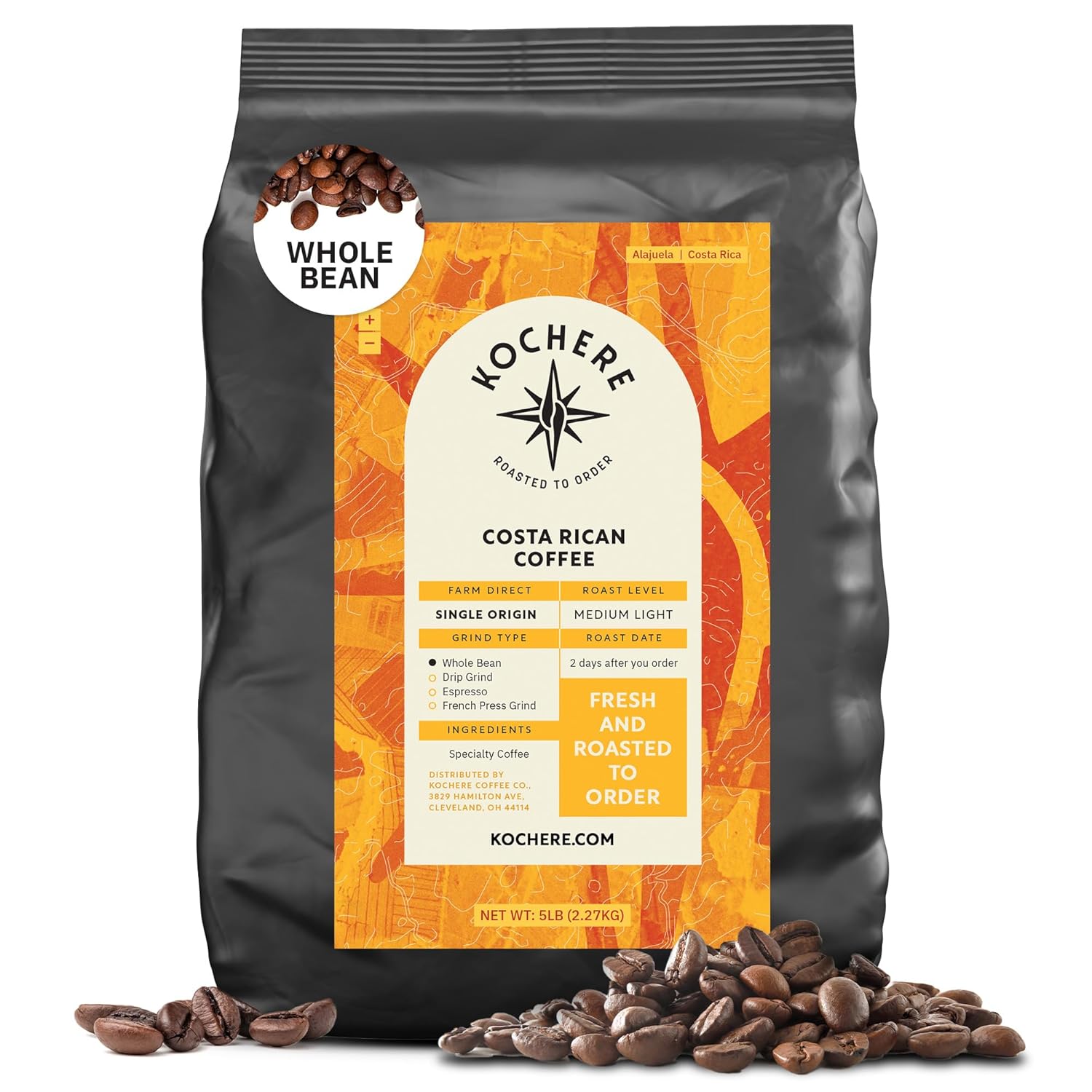 Costa Rican Whole Bean Coffee Medium Roast - 5LB Freshly Roasted
