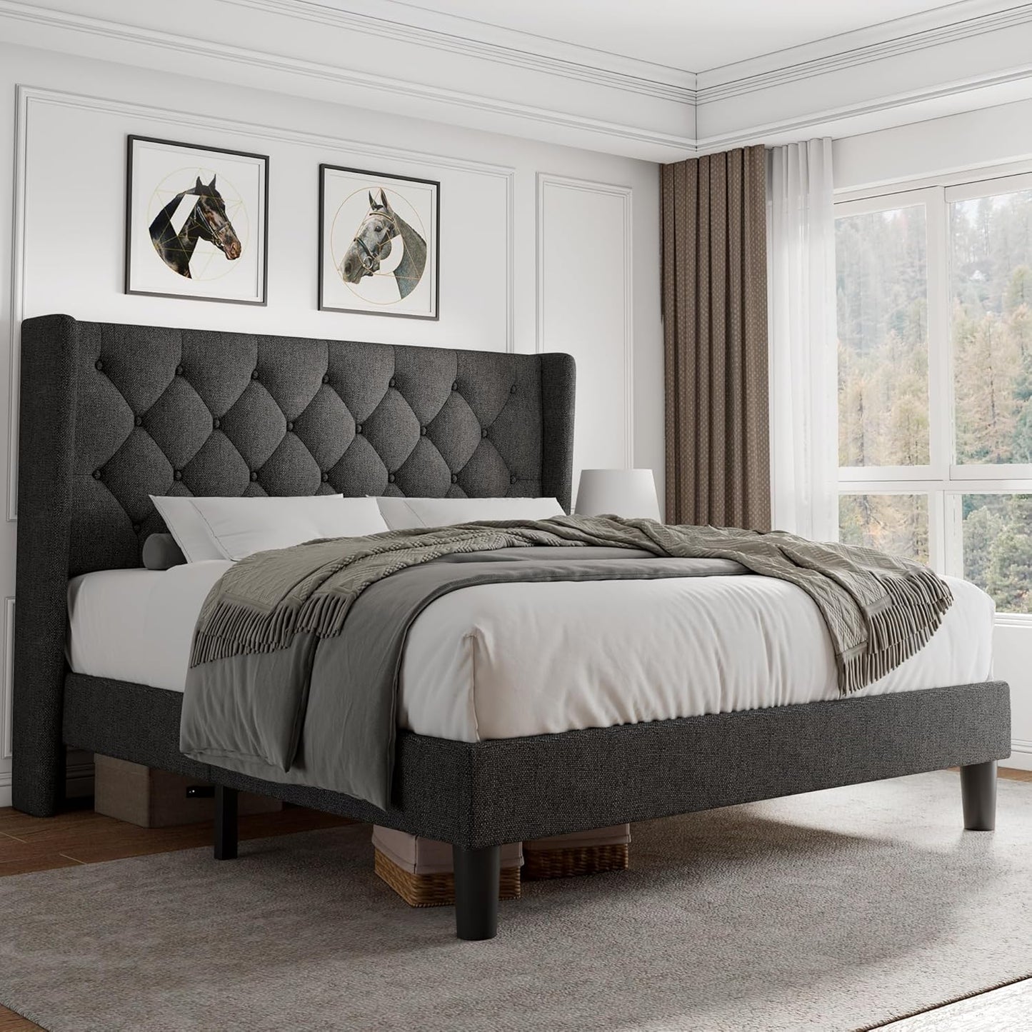 iPormis Queen Size Platform Bed Frame with Tufted Headboard