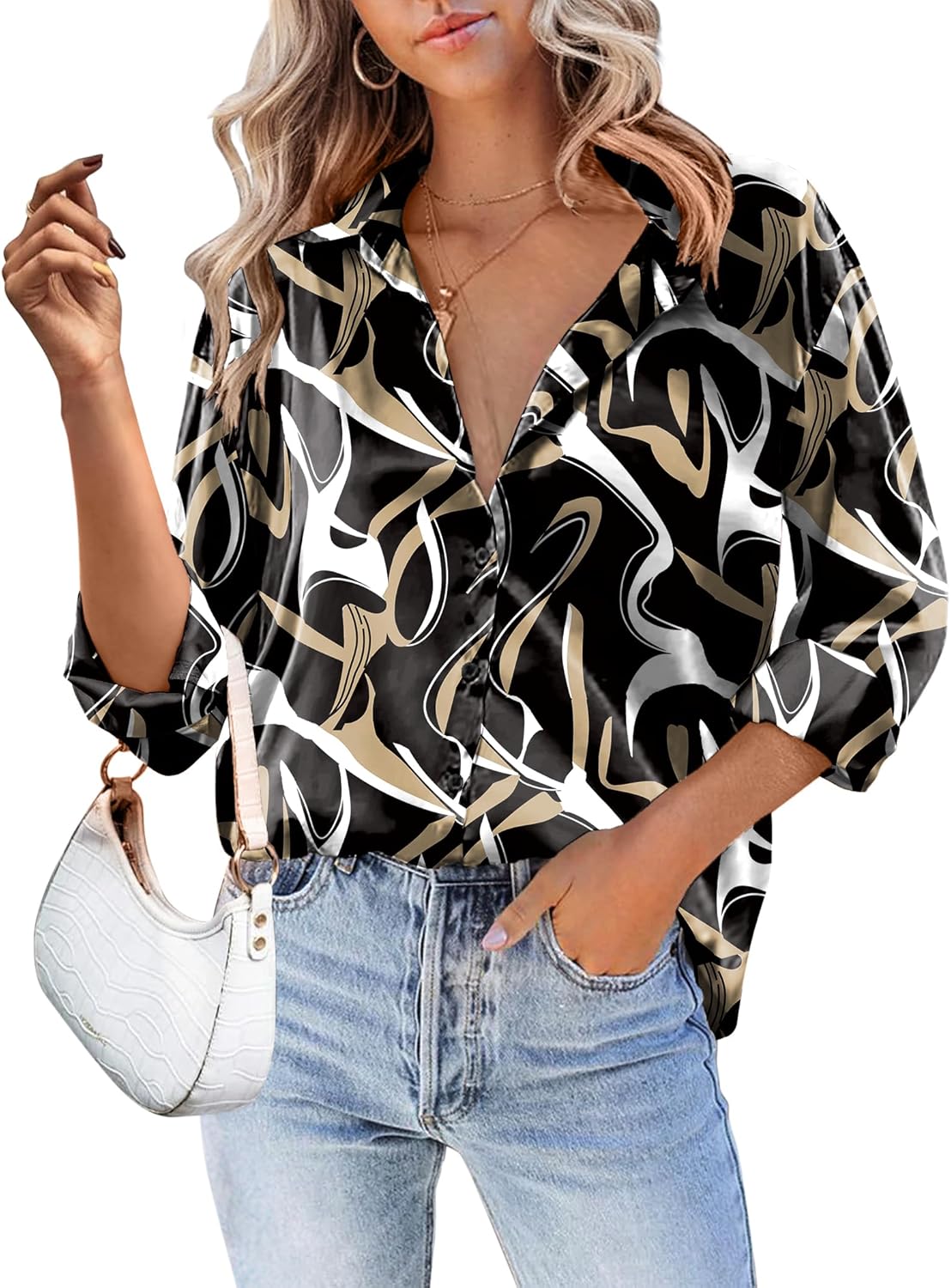 Satin Silk Button Down Shirt for Women - Elegant Business Casual