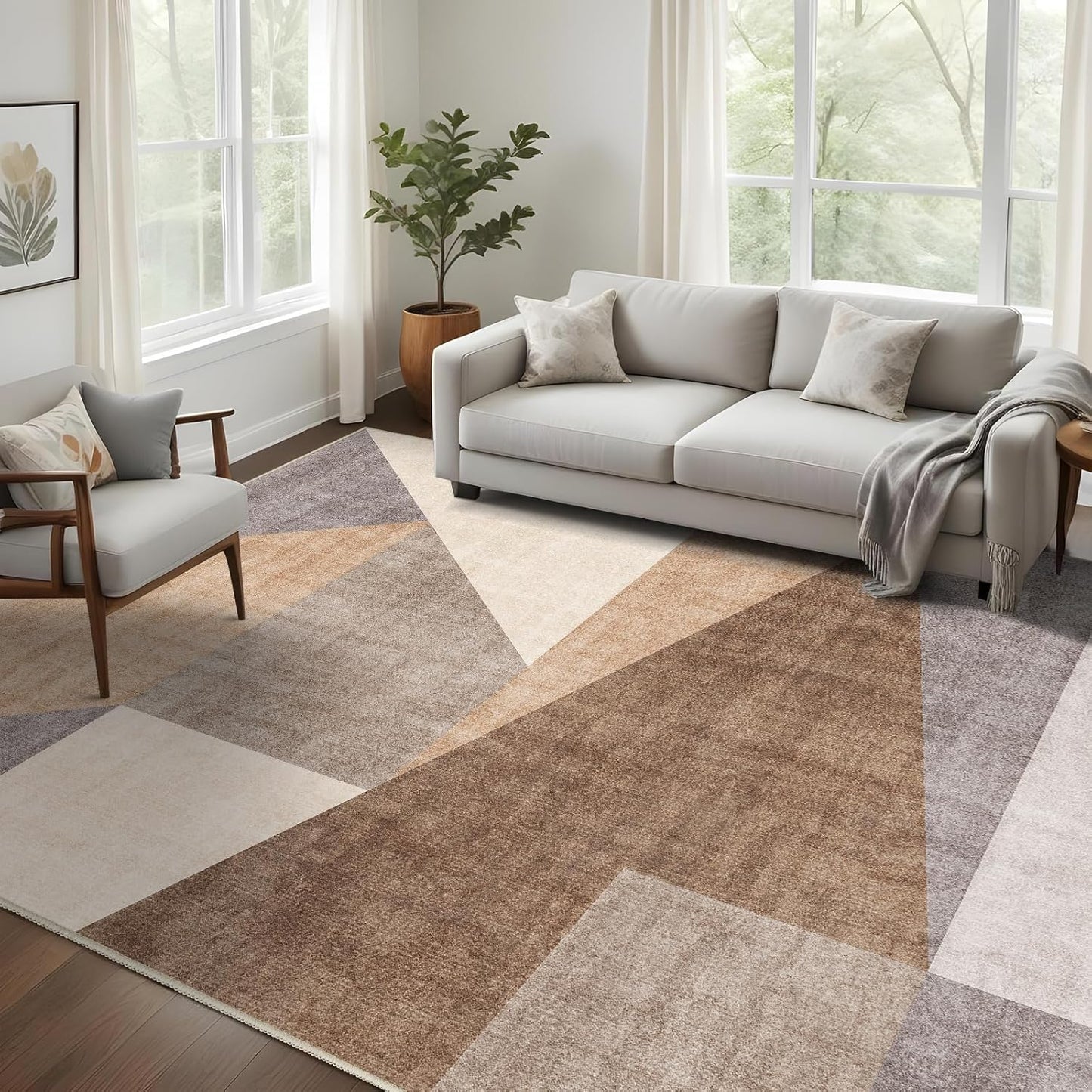 Washable Modern Area Rug: Stylish Geometric Design for Living Room