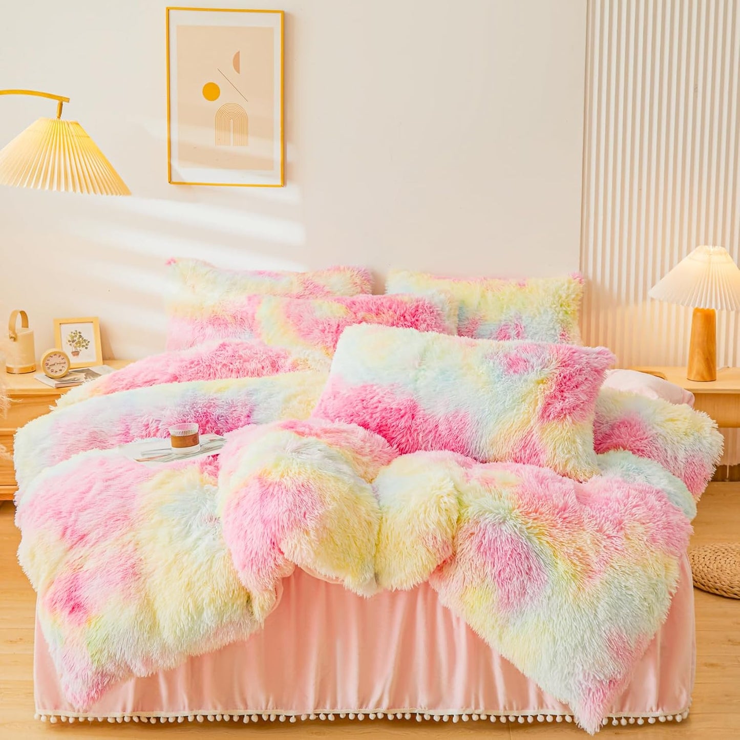 Fluffy Tie Dye Faux Fur Pink Comforter Cover Set for Twin Beds