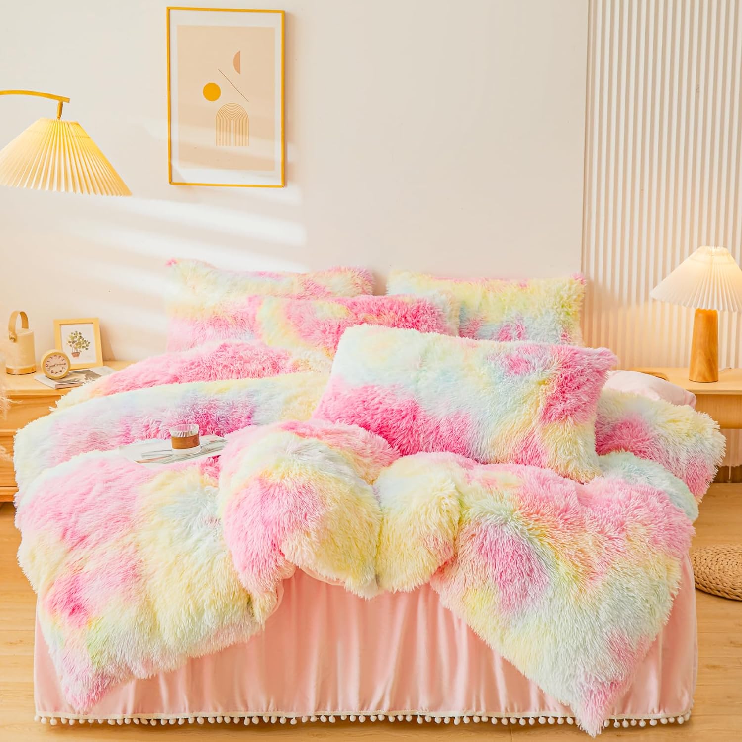Fluffy Tie Dye Faux Fur Pink Comforter Cover Set for Twin Beds