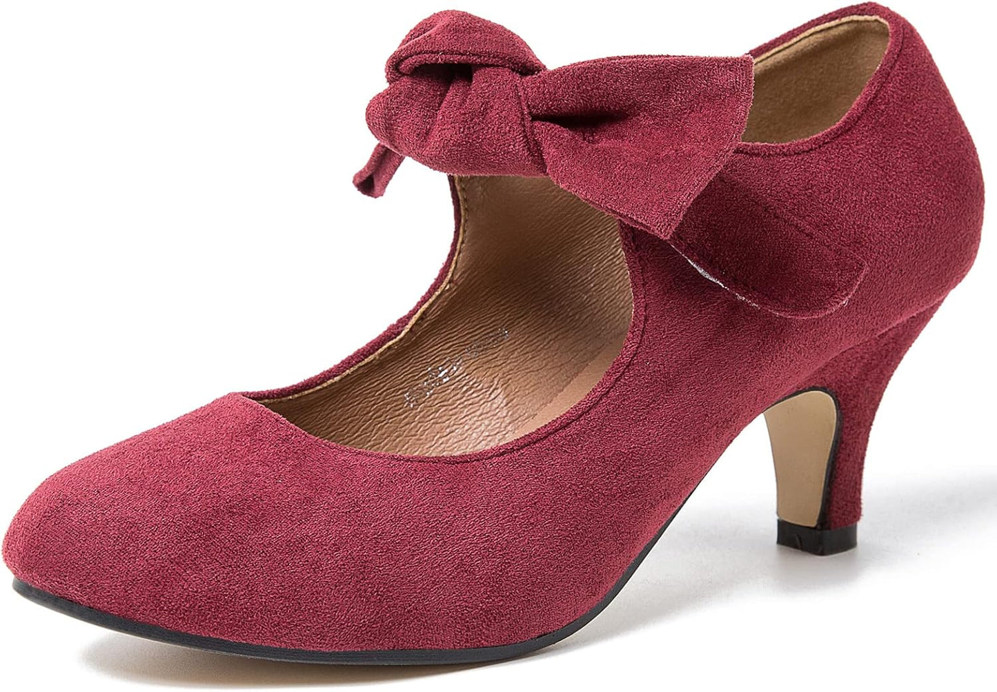 Burgundy Bow Heels Mary Jane Kitten Heel Pumps for Women
