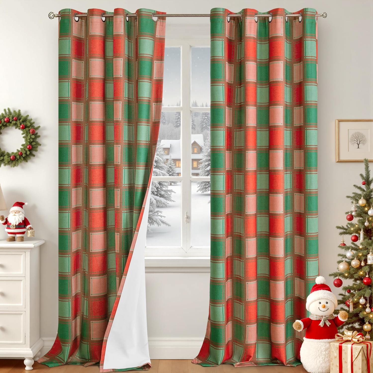 Plaid Christmas Curtains for Living Room - Thermal Insulated Drapes