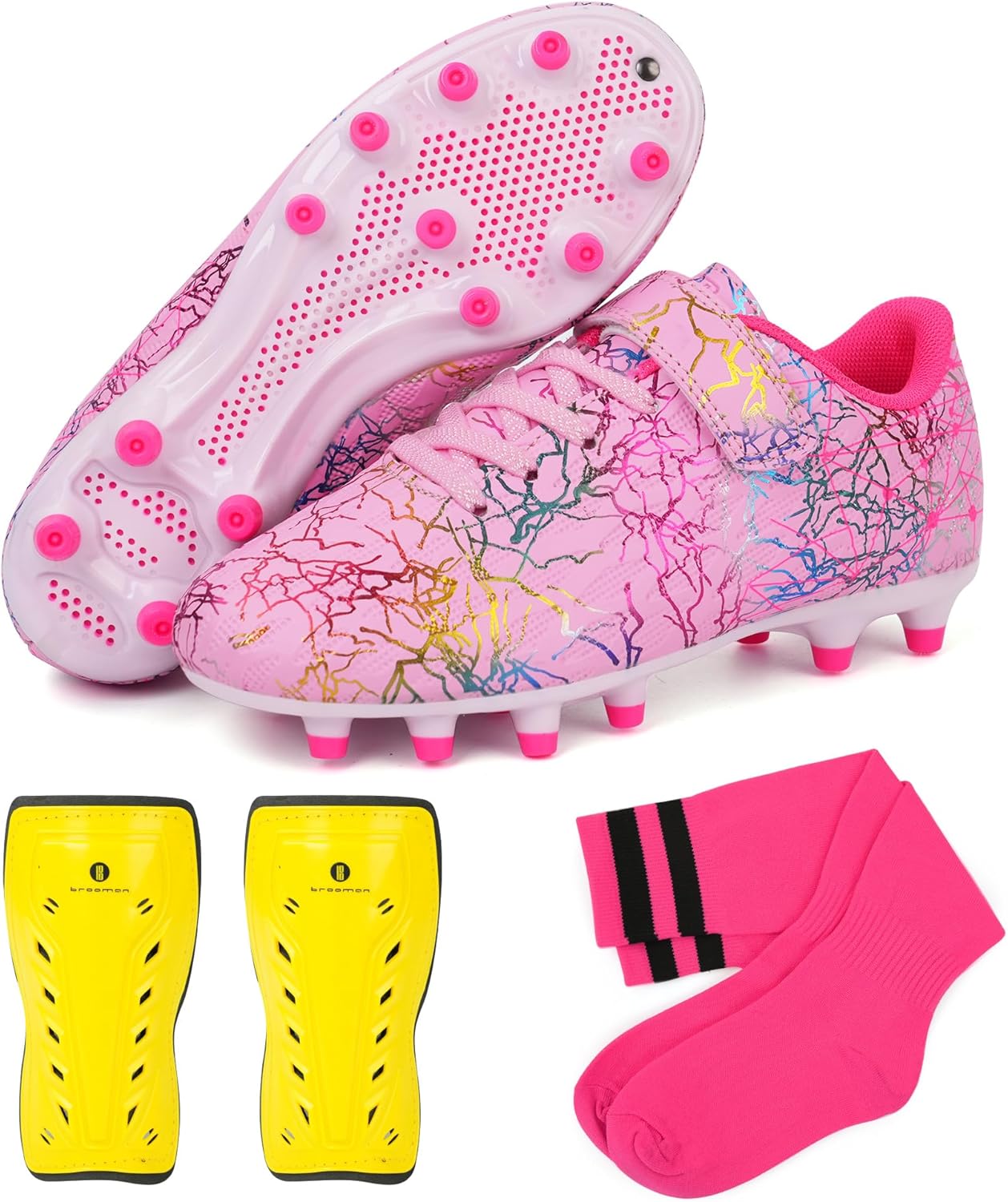 Kids Firm Ground Soccer Cleats with Shin Guards and Socks