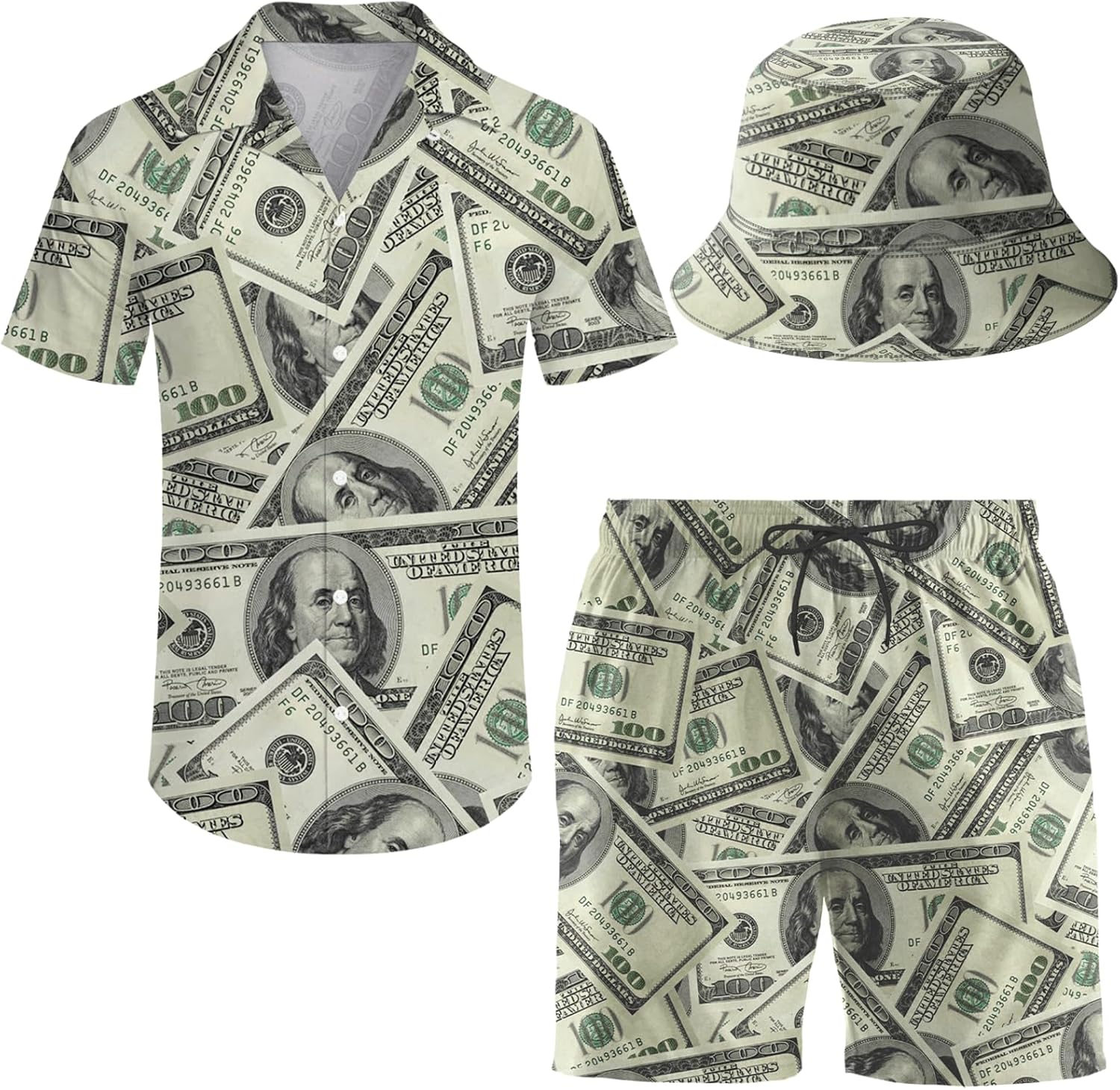 Men's Hawaiian Shirt and Shorts Set with Bucket Hat for Summer