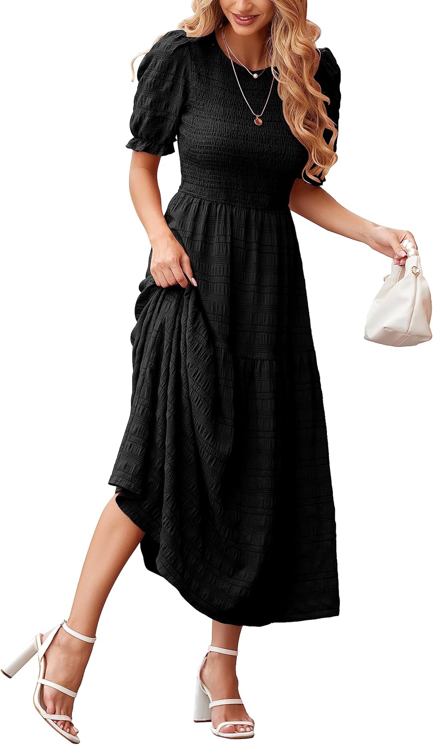 Dowerme Womens Summer Dresses Casual Puff Sleeve Maxi Sundress