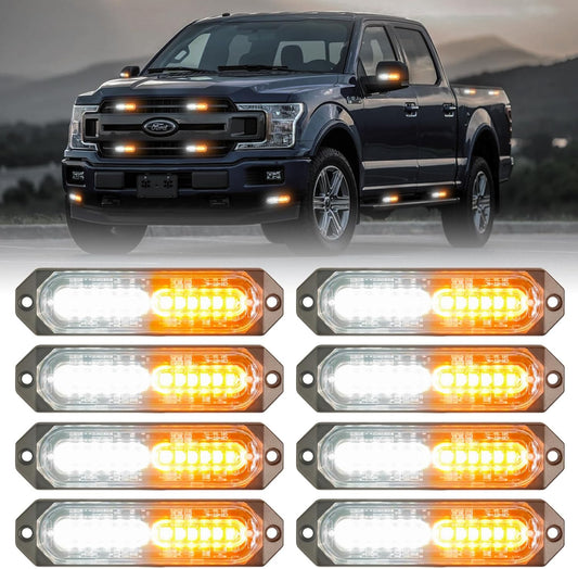 8Pcs Amber White Emergency Strobe Lights for Trucks and Cars