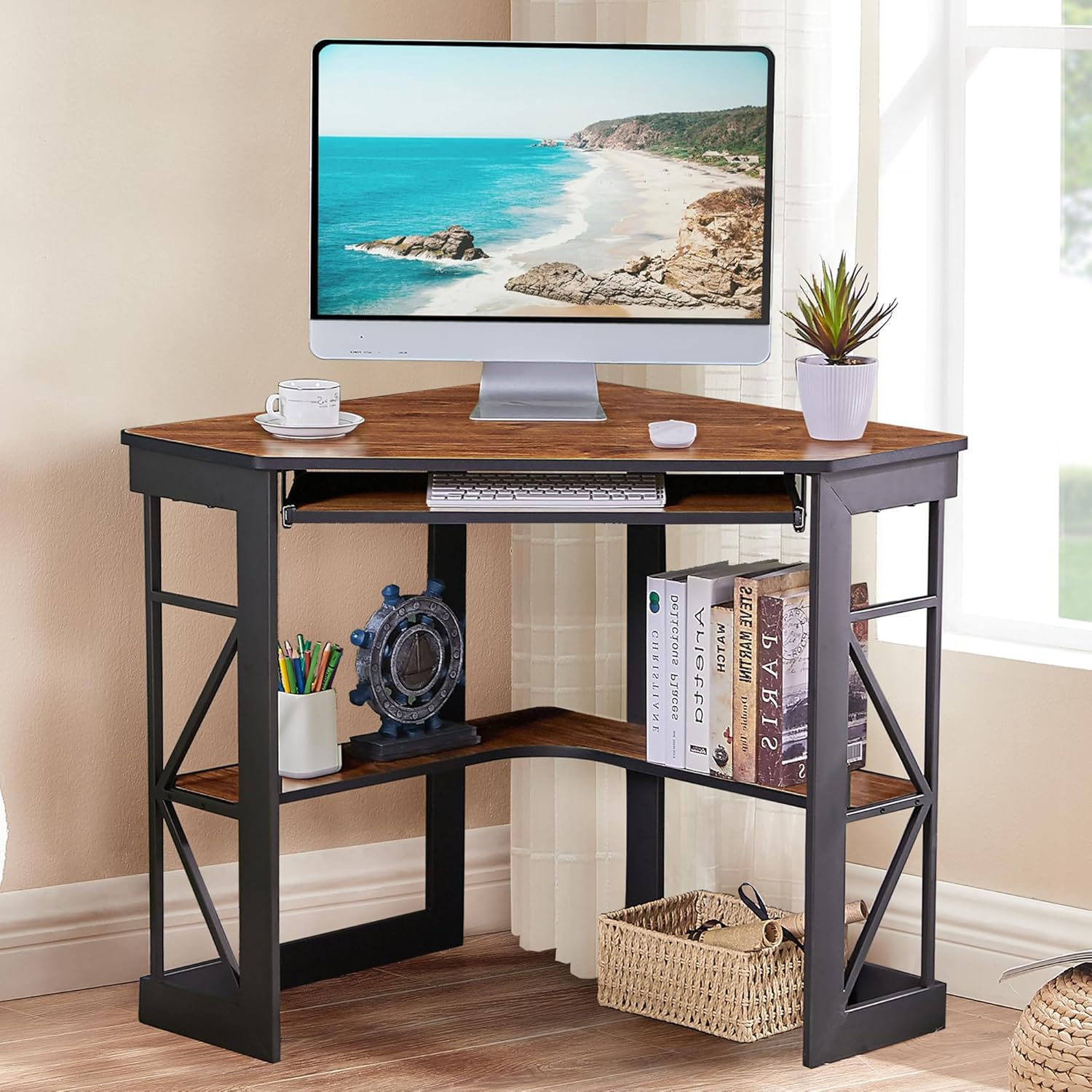 Efficient Triangle Desk w/ Keyboard Tray & Shelves