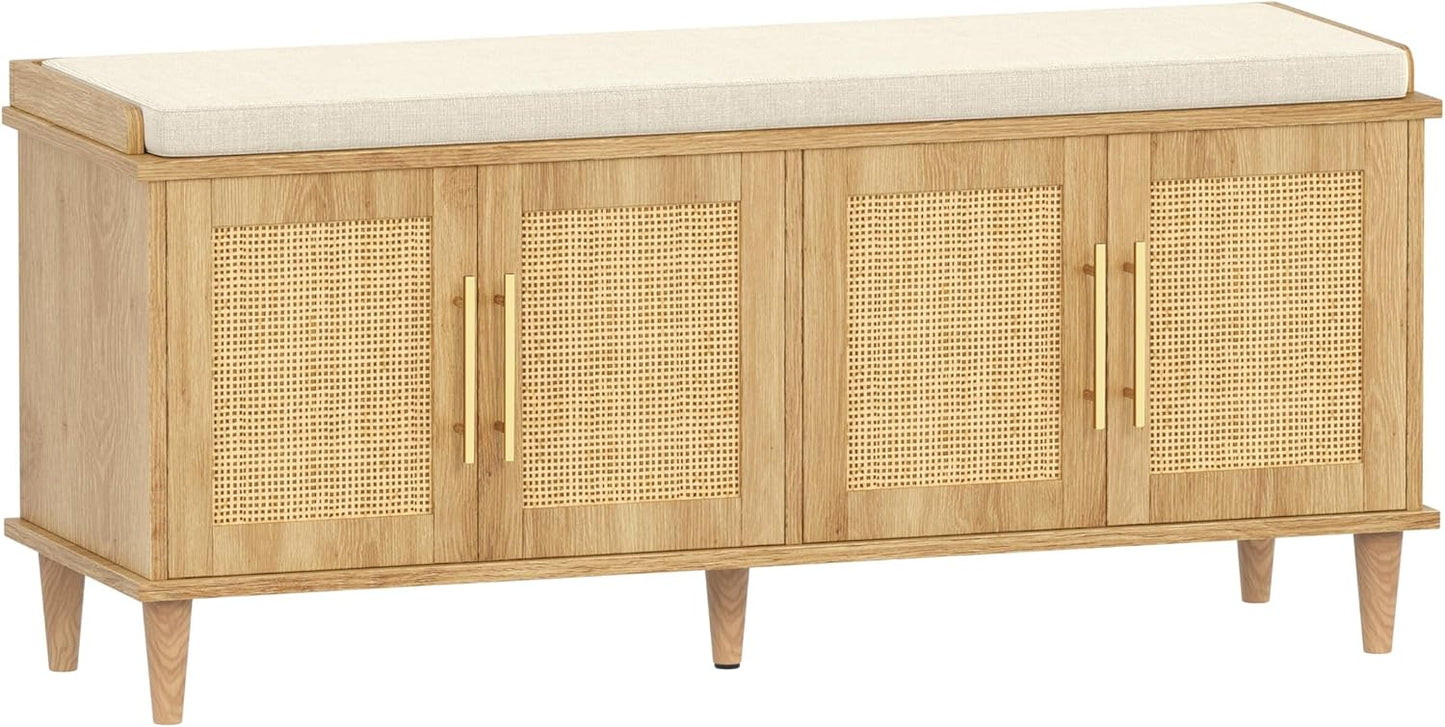 Natural Rattan Shoe Storage Bench with Cushion for Entryway