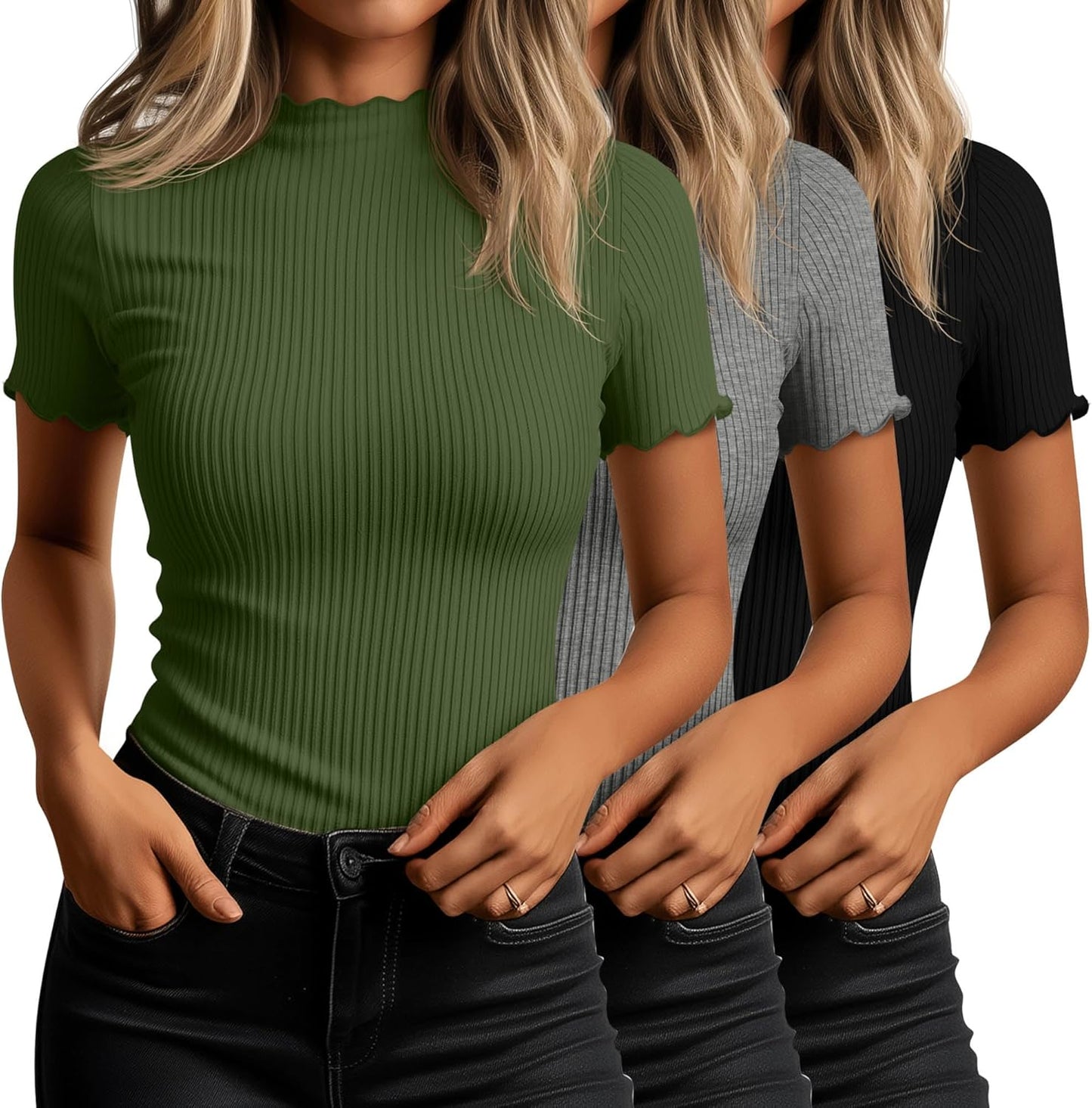 Huukeay Women's Mock Turtleneck Short Sleeve Tops 3 Pack