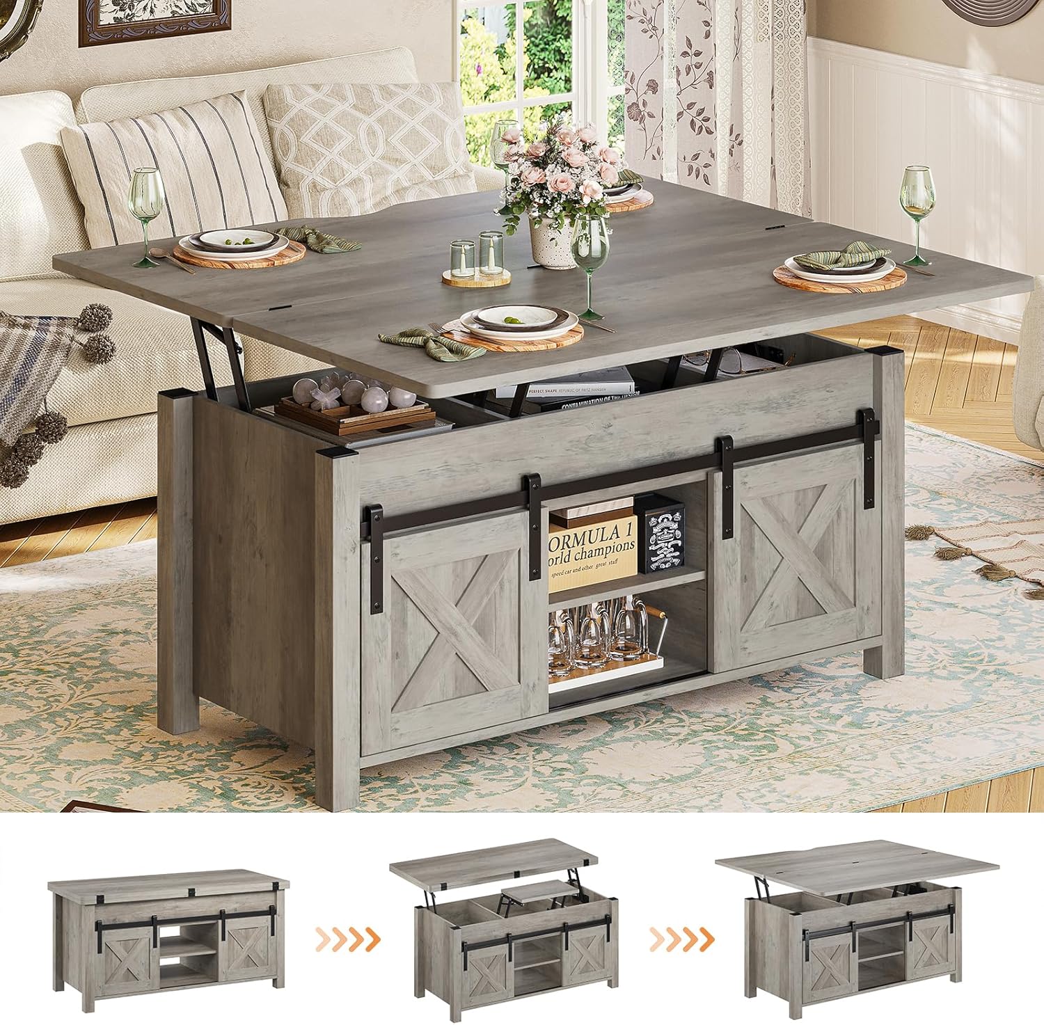 SEDETA Lift Top Coffee Table, 4-in-1 Convertible with Storage, Farmhouse Style