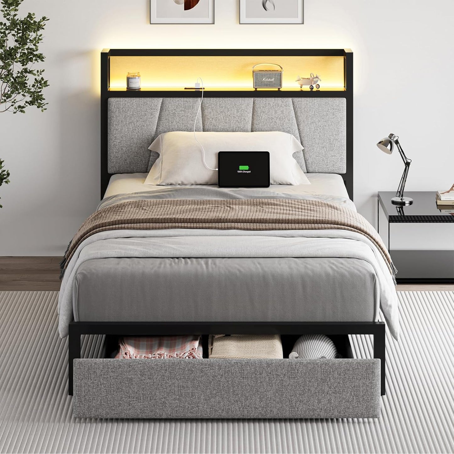 Twin Size Bed Frame with Headboard and Storage for Comfort