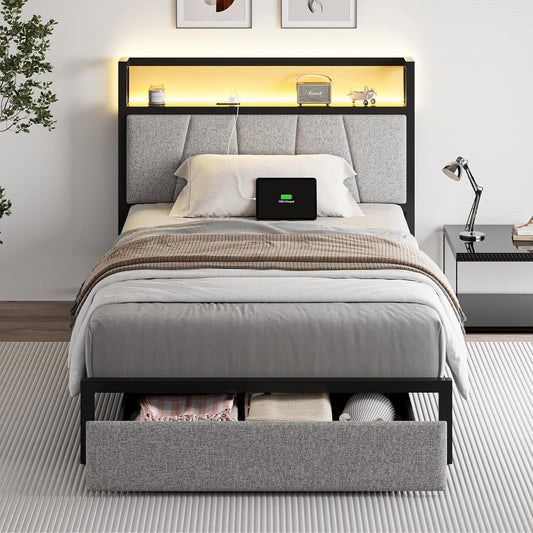 Twin Size Bed Frame with Headboard and Storage for Comfort