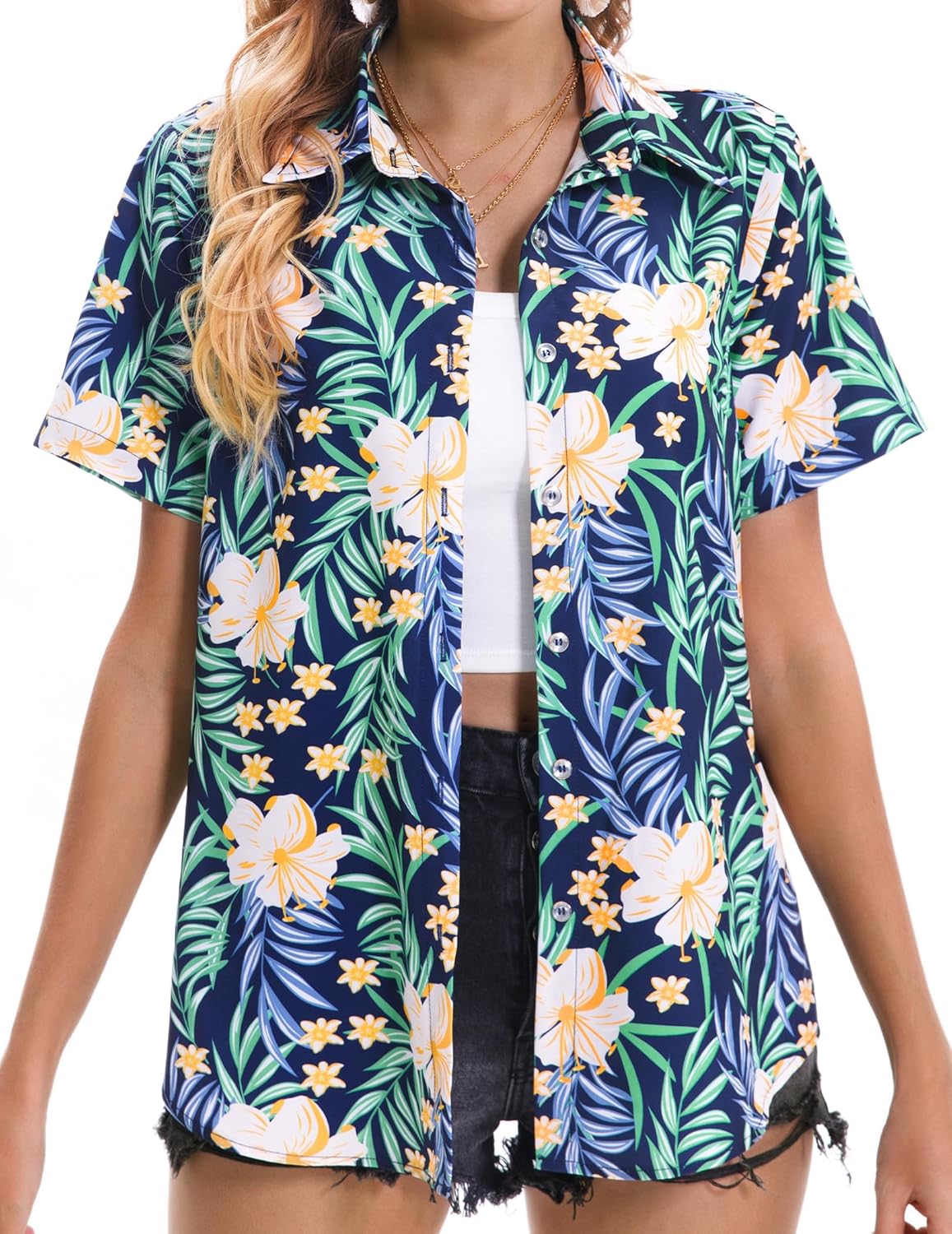 Womens Hawaiian Shirt Soft Cool Summer Floral V Neck Tops
