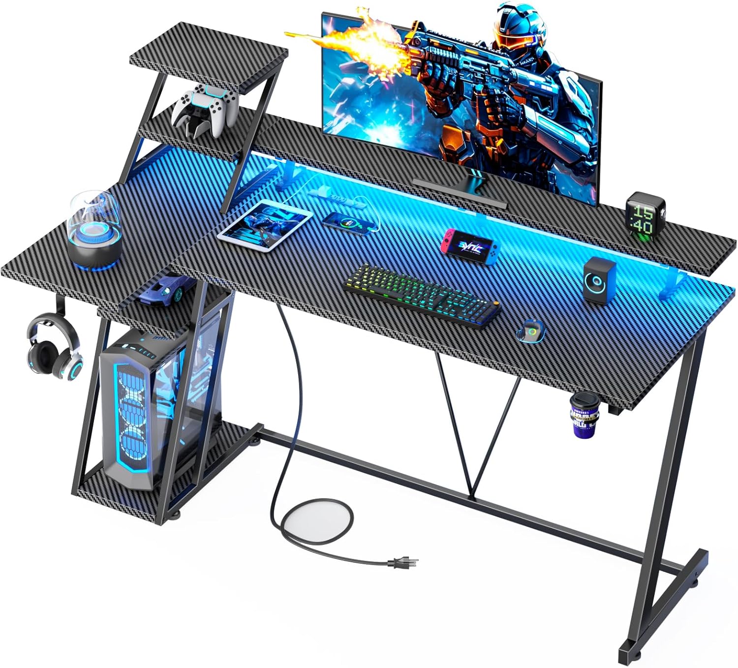 55 Inch Black Gaming Desk with LED Lights & Power Outlet