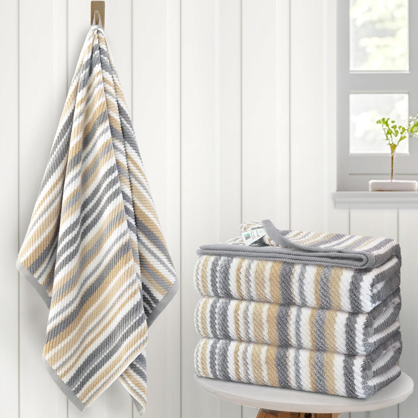 Beige Striped Bath Towels Set of 4 - Quick Dry & Absorbent