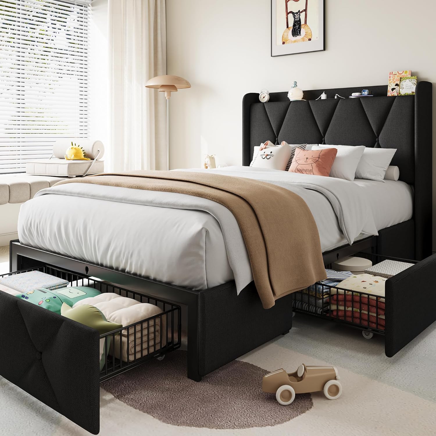 Twin Bed Frame with Storage Drawers and Charging Station