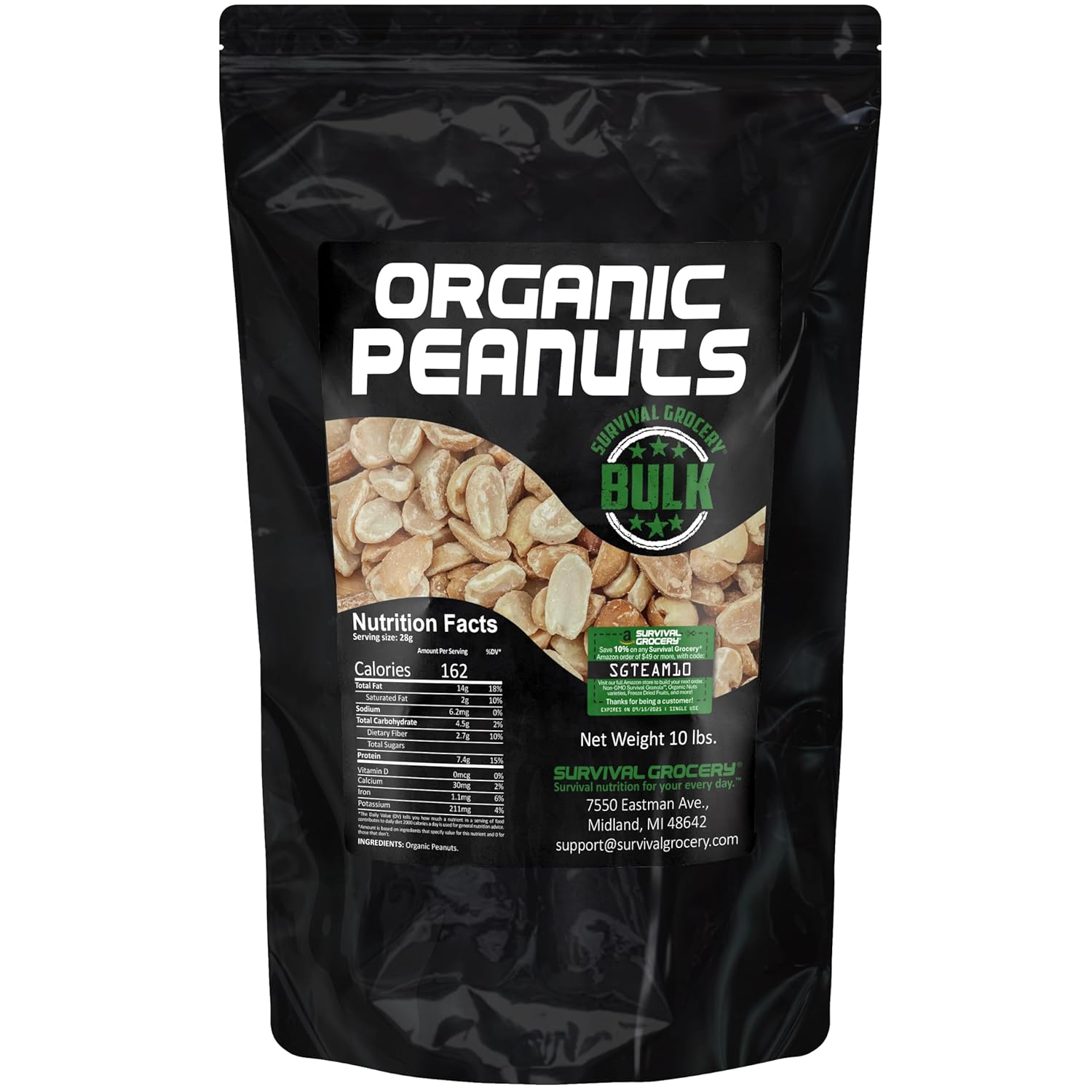 Survival Grocery Organic Dry Roasted Peanuts - Protein Rich Snack