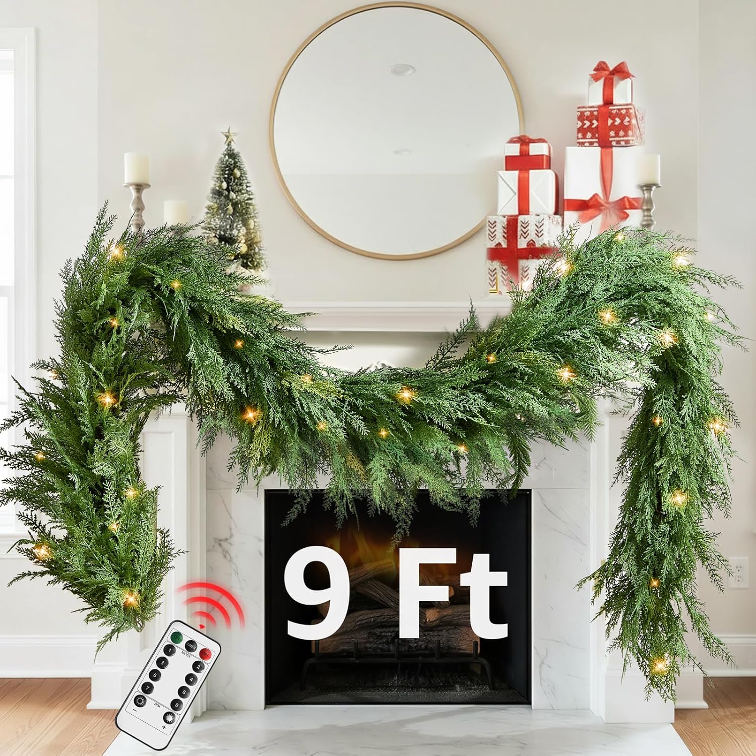 Christmas Cedar Garland with Lights - 9ft Cypress Decor for Home