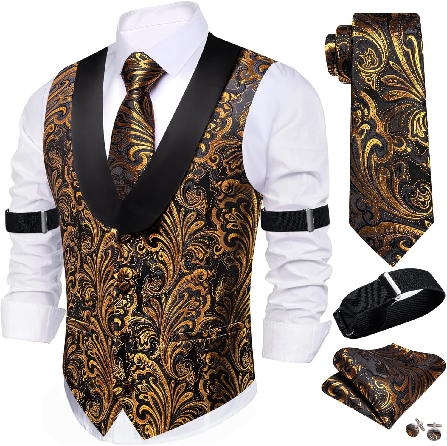 Stylish Mens Silk Lapel Vest Tie Sleeve Holder Set for Events