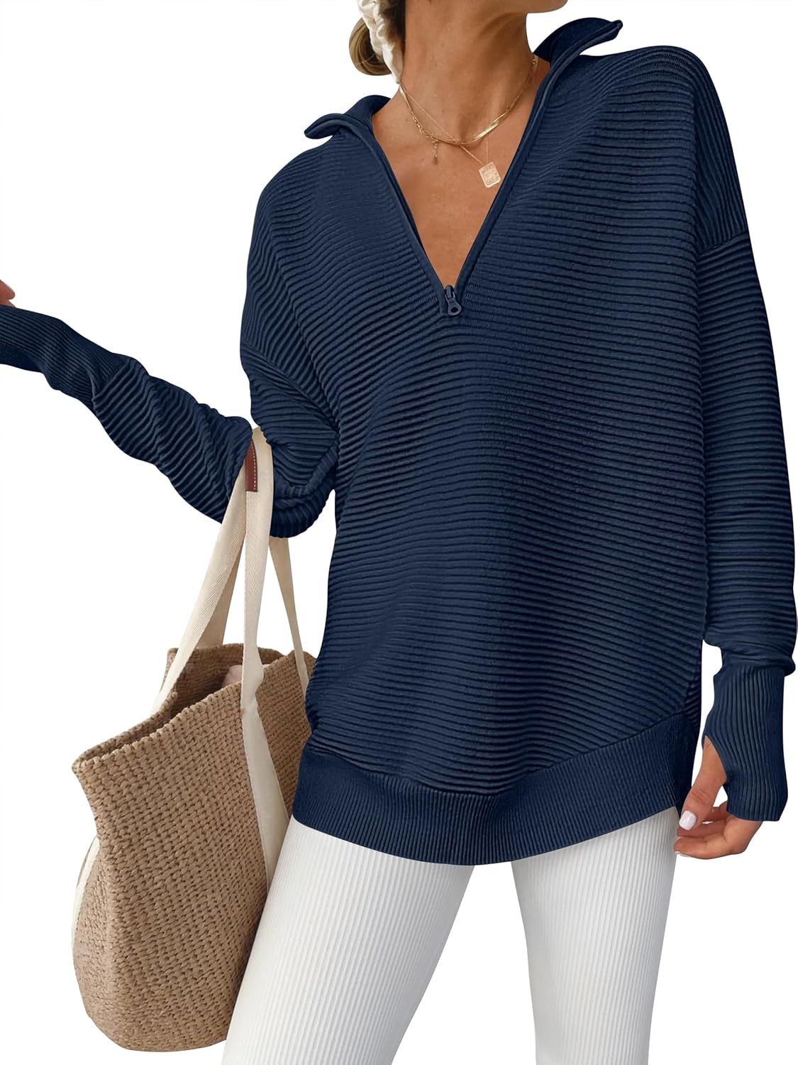 Womens Long Sleeve Quarter Zip Pullover Sweater for Casual Wear