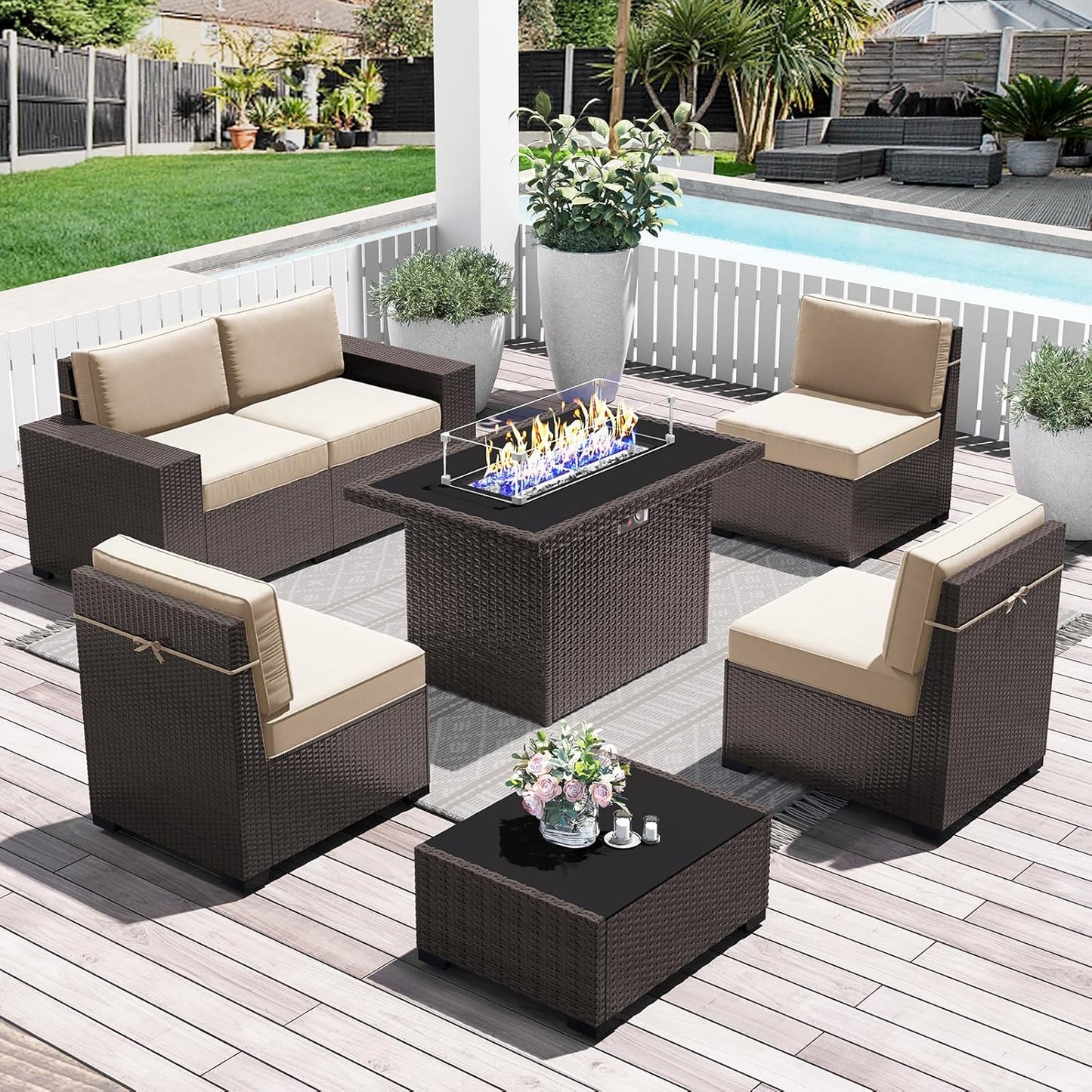 LayinSun 7 Pieces Outdoor Patio Furniture Set with Fire Pit