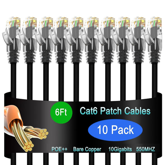 10 Pack Cat6 Patch Cables - 10G Speed for Home & Enterprise - Black