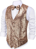 Mens Sequins Vest for Men V-neck Waistcoat with Bowtie Set - Shiny