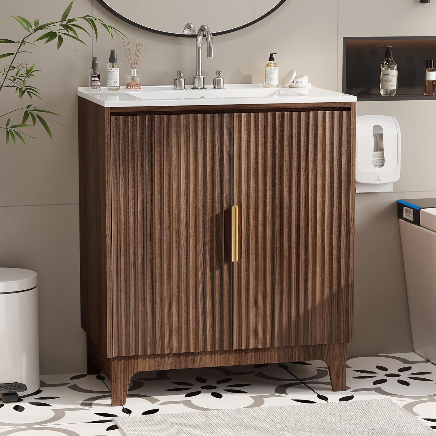 30Inch Walnut Fluted Bathroom Vanity with Ceramic Sink